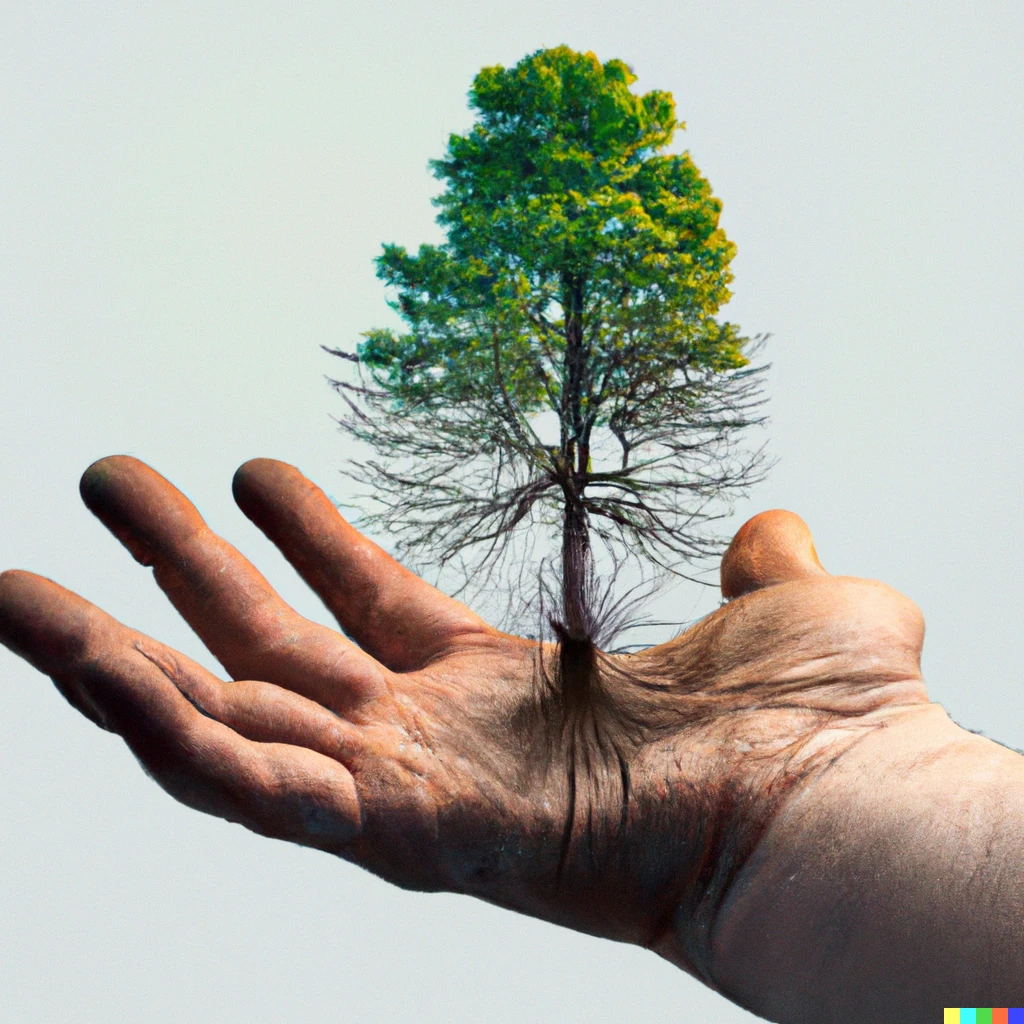 A handpalm with a tree growing on top of it